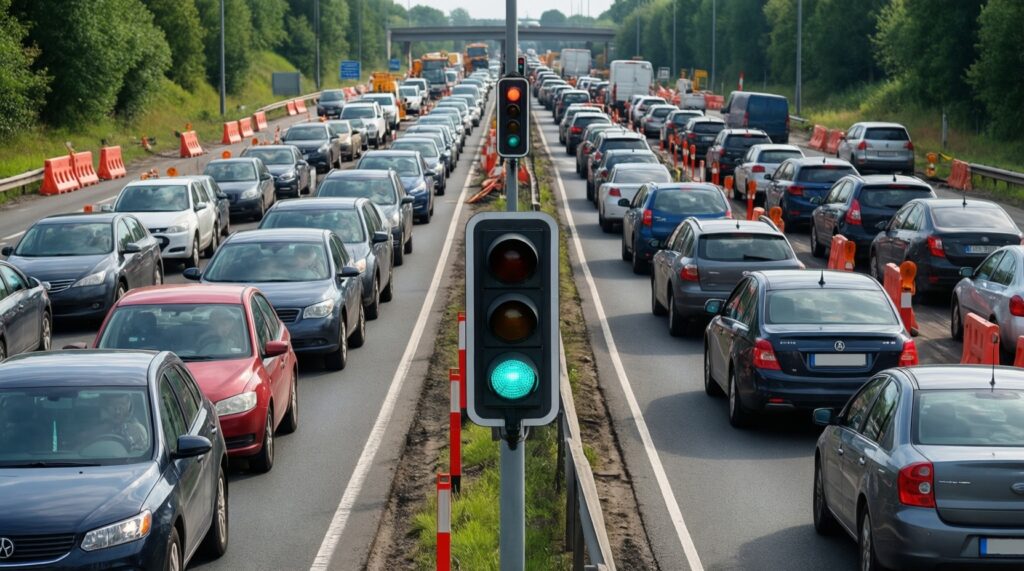 Ситуация на дорогах: ремонт трасс, перекрытия, пробки и аварийные участки - иллюстрация